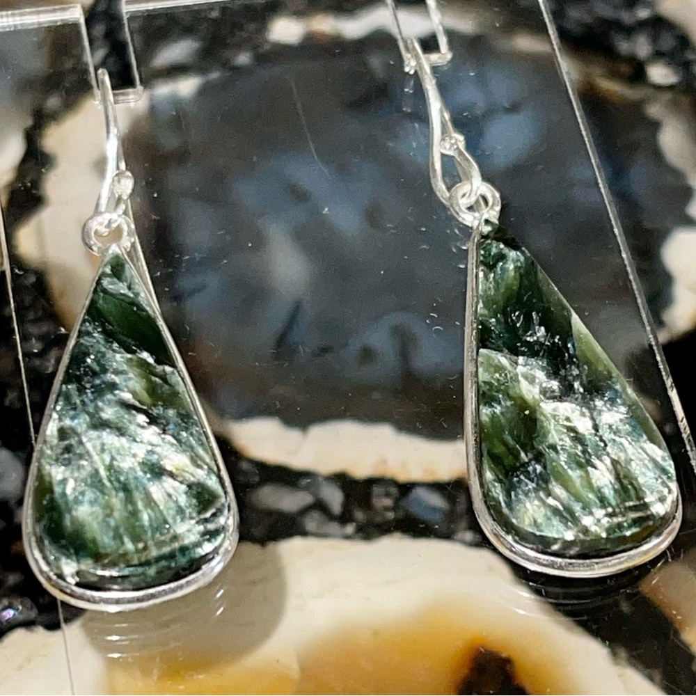 Dainty Deep Green Seraphinite Earrings 1 1/2”